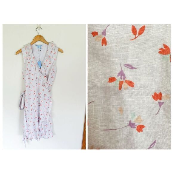 Draper James Women’s White Linen Ruffle Wrap Sleeveless Mini Dress in Multi Colo - Picture 2 of 11